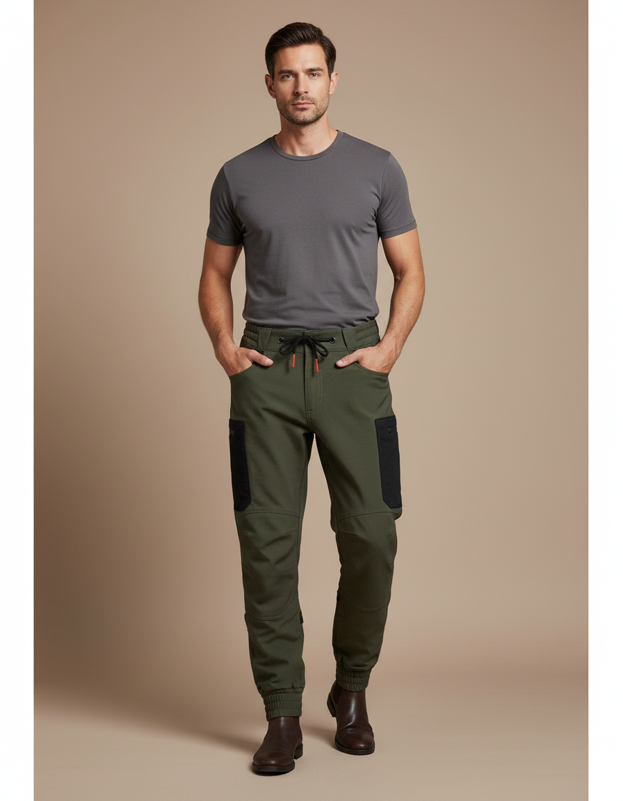 Pantalon Cargo Homme Vert Militaire Jogger Multipoches - Kaki Gabardine