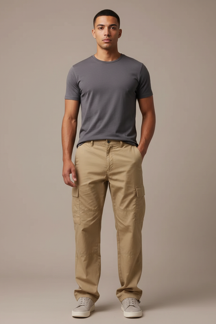 Pantalon Cargo Homme Beige Droit Décontracté Multipoches - Toile