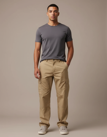 Pantalon Cargo Homme Beige Droit Décontracté Multipoches - Toile