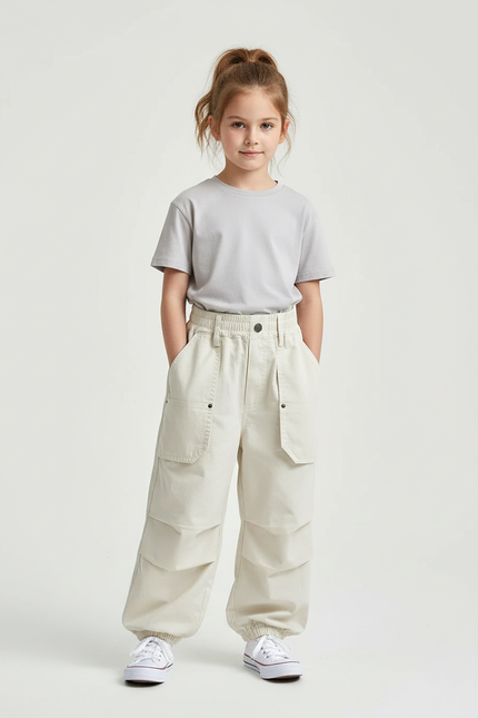 Pantalon Cargo Écru Ample Coton Casual Enfant - Beige Toile
