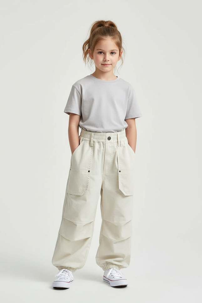 Pantalon Cargo Écru Ample Coton Casual Enfant - Beige Toile