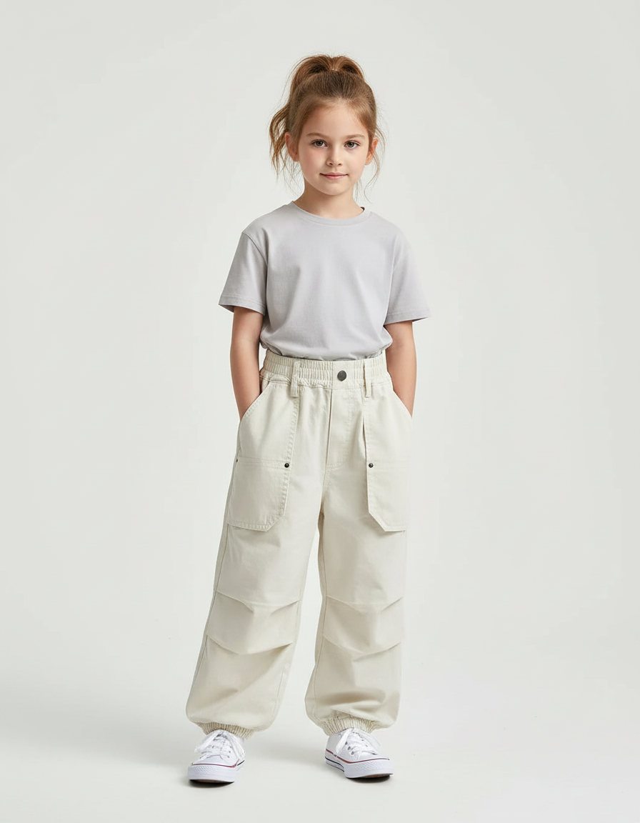 Pantalon Cargo Écru Ample Coton Casual Enfant - Beige Toile