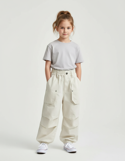 Pantalon Cargo Écru Ample Coton Casual Enfant - Beige Toile