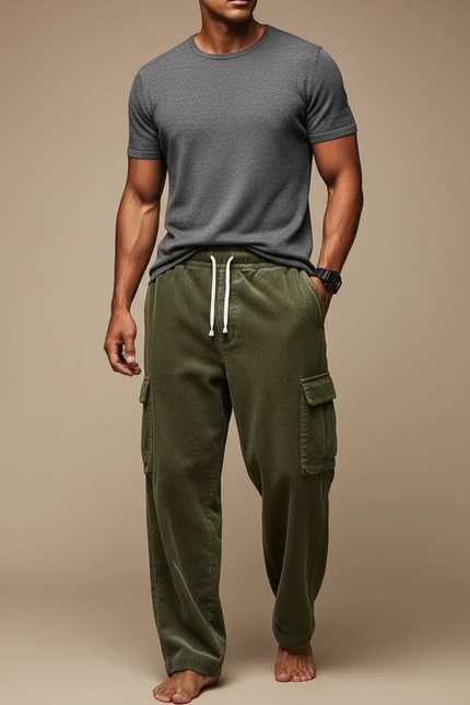 Pantalon Cargo En Velours Côtelé Homme - Kaki Cordé