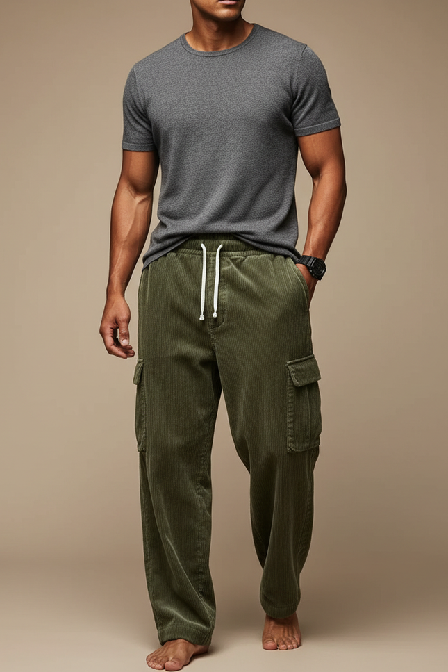 Pantalon Cargo En Velours Côtelé Homme - Kaki Cordé