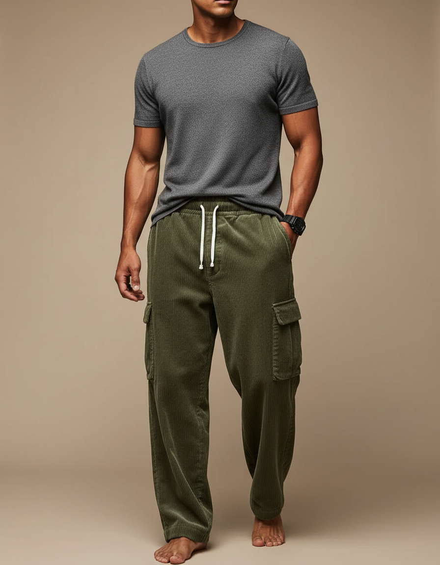 Pantalon Cargo En Velours Côtelé Homme - Kaki Cordé