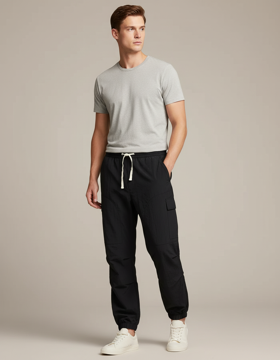 Pantalon Cargo Noir Homme Sport Décontracté Fluide - Polyester