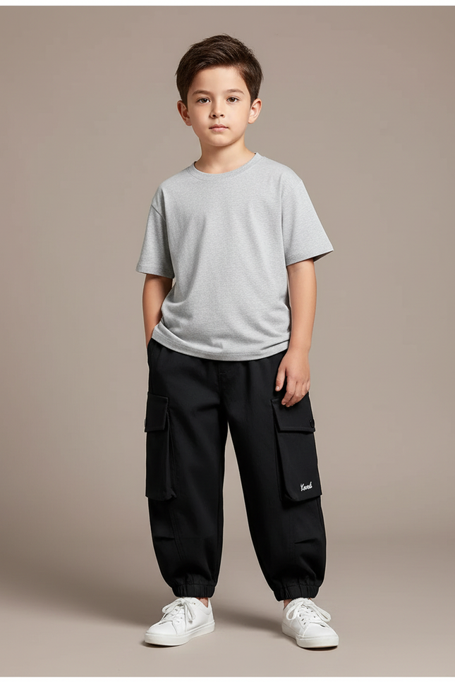 Pantalon Cargo Noir Ample Garçon Poches - Toile