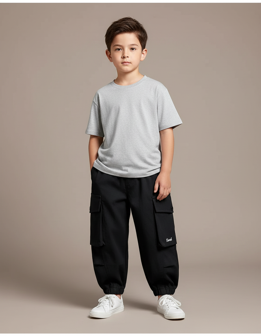 Pantalon Cargo Noir Ample Garçon Poches - Toile