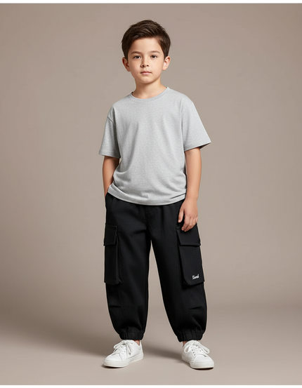 Pantalon Cargo Noir Ample Garçon Poches - Toile