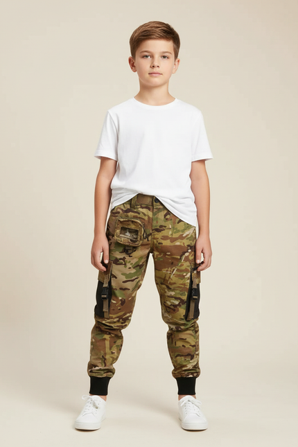 Pantalon Cargo Camouflage Militaire Garçon Multipoches Coton - Multicolore