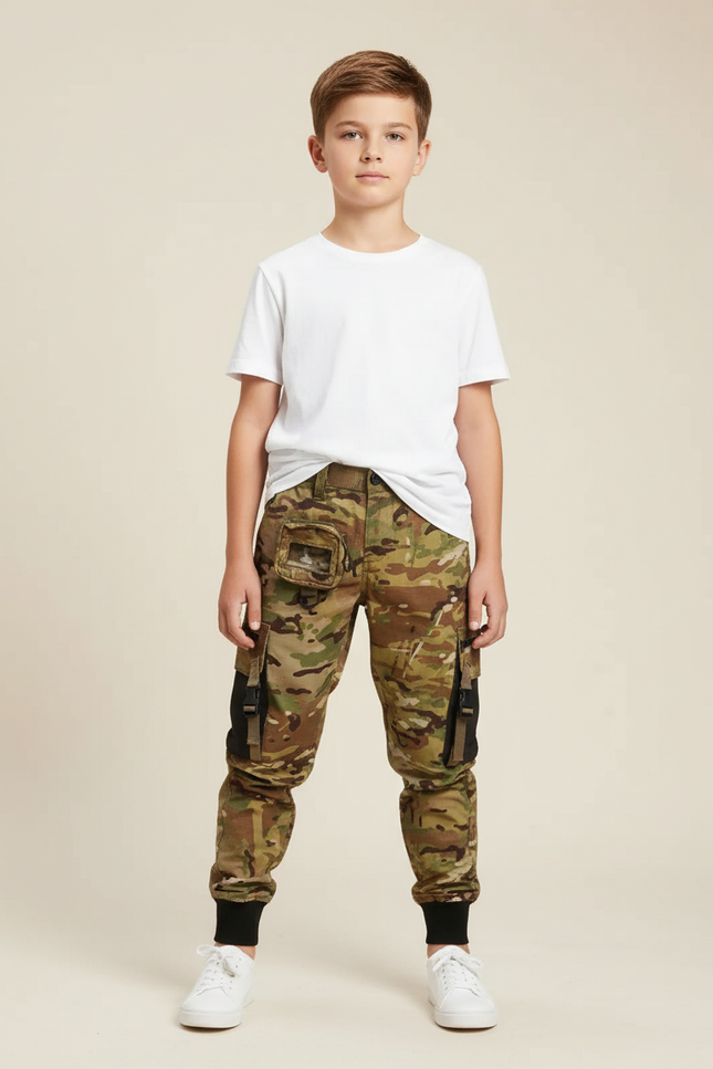 Pantalon Cargo Camouflage Militaire Garçon Multipoches Coton - Multicolore