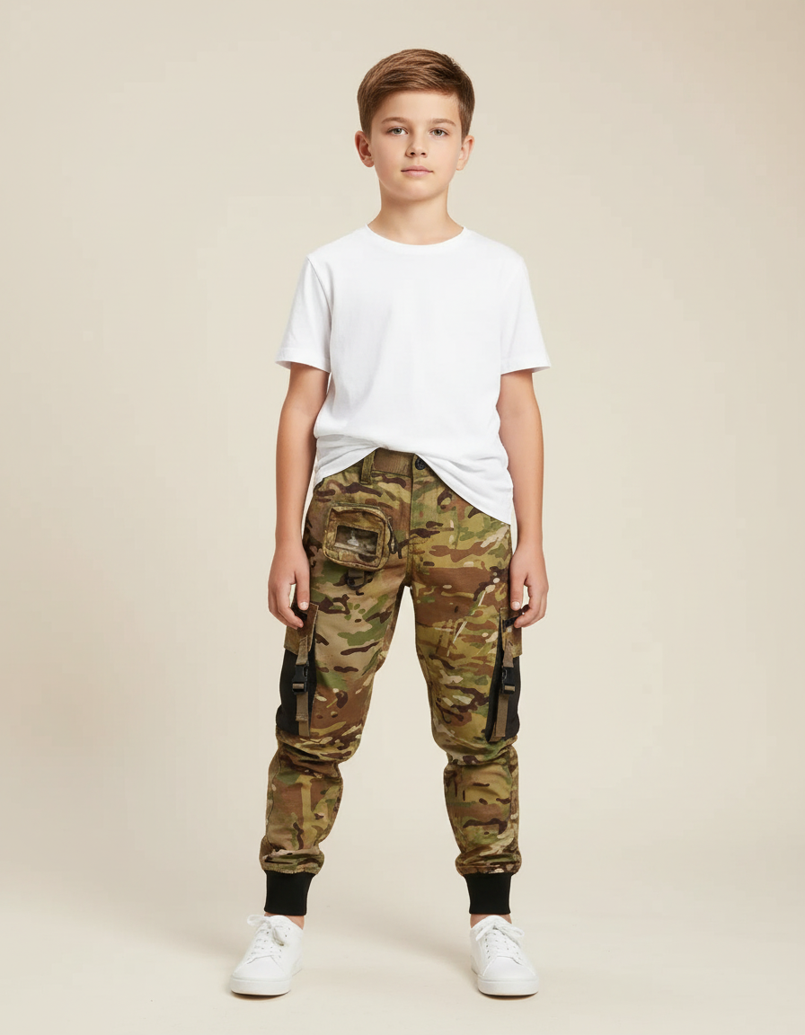 Pantalon Cargo Camouflage Militaire Garçon Multipoches Coton - Multicolore