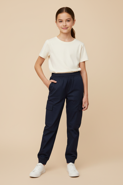Pantalon Cargo Bleu Marine Fille Jogger Multi-Poches - Gabardine