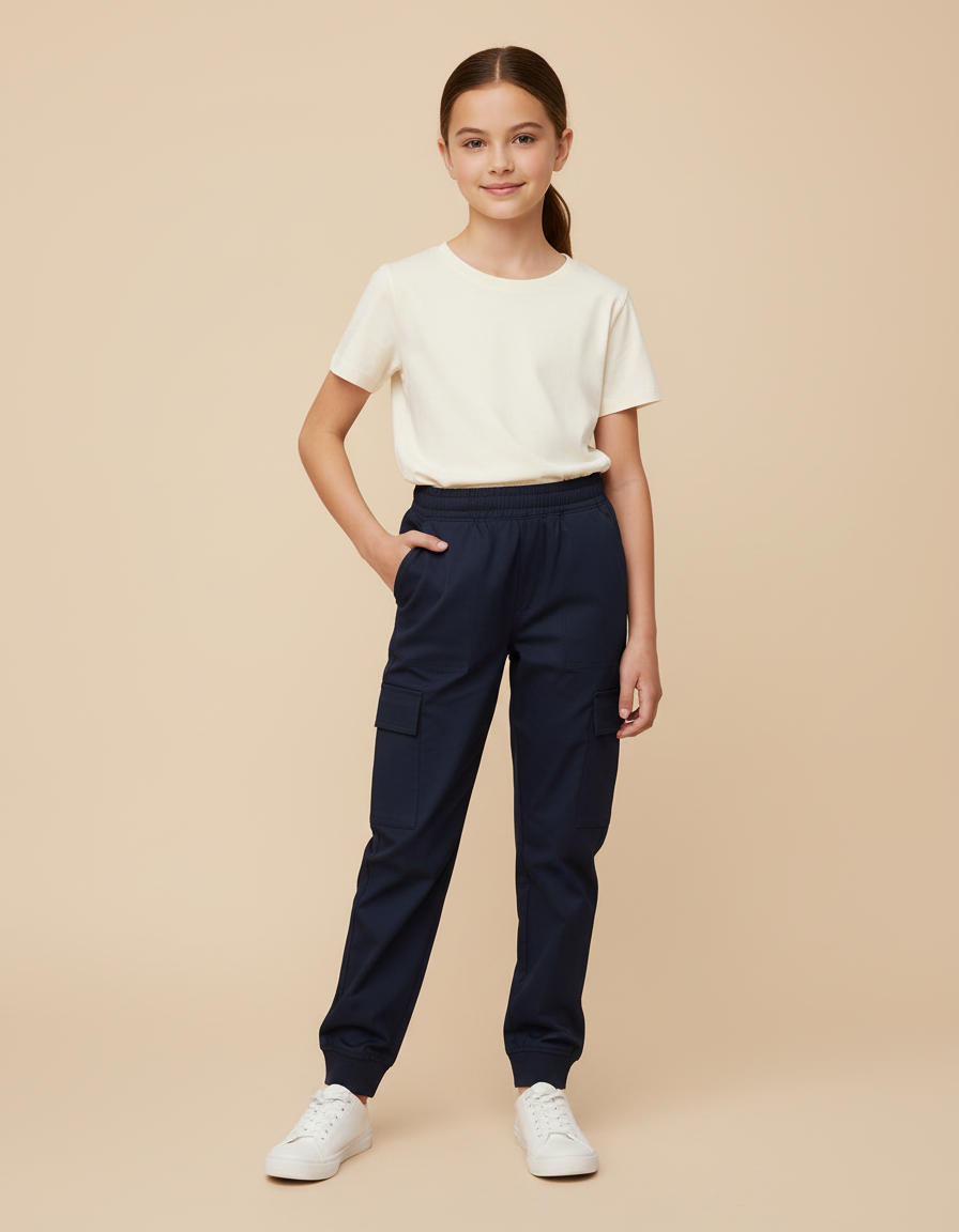 Pantalon Cargo Bleu Marine Fille Jogger Multi-Poches - Gabardine