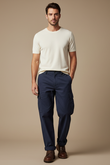 Pantalon Cargo Bleu Marine Coton Multipoches Décontracté