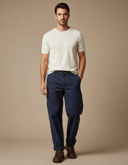 Pantalon Cargo Bleu Marine Coton Multipoches Décontracté