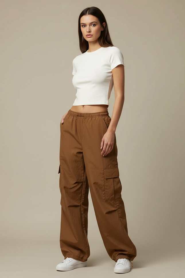 Pantalon Cargo Marron Ample Streetwear Femme - Polyester