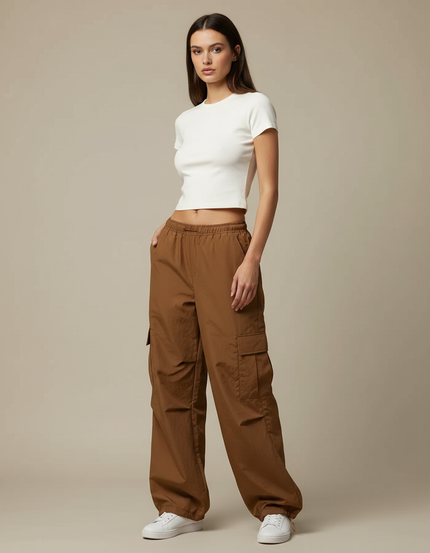 Pantalon Cargo Marron Ample Streetwear Femme - Polyester