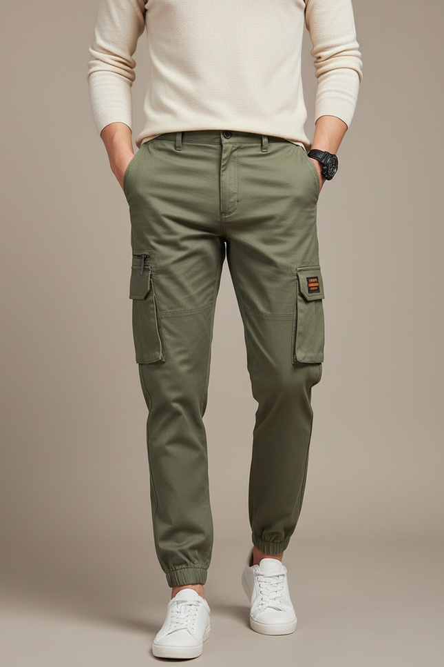 Pantalon Cargo Vert Militaire Coton Multipoches Jogger Homme - Kaki Toile