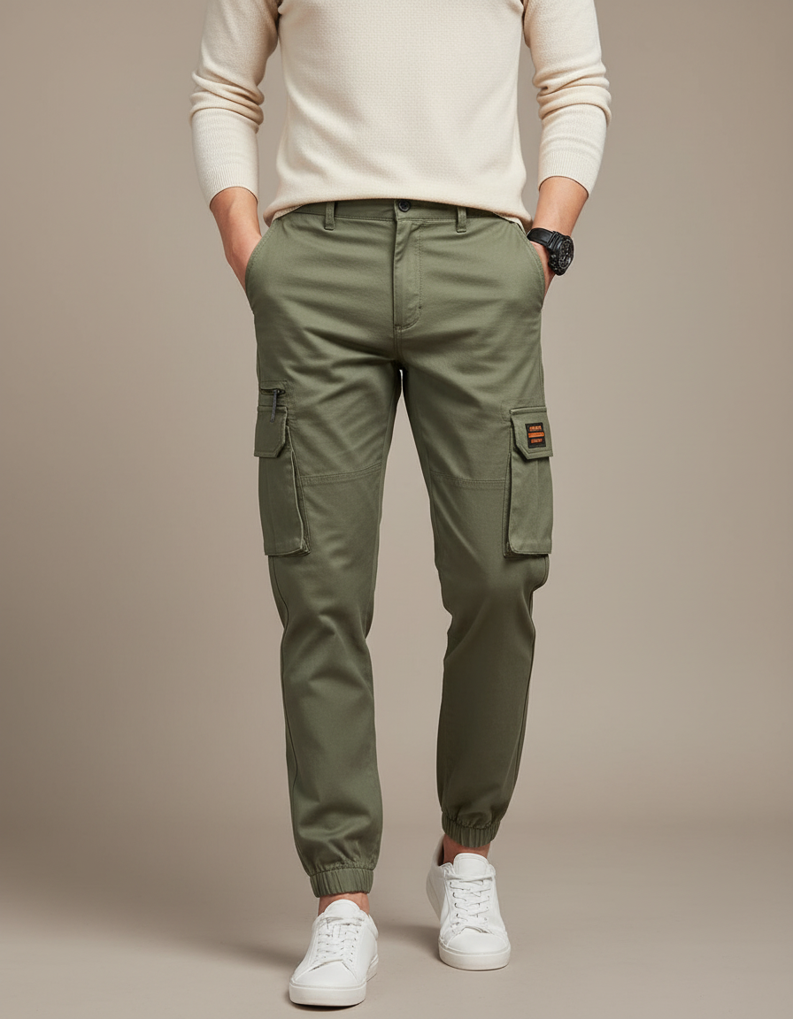 Pantalon Cargo Vert Militaire Coton Multipoches Jogger Homme - Kaki Toile