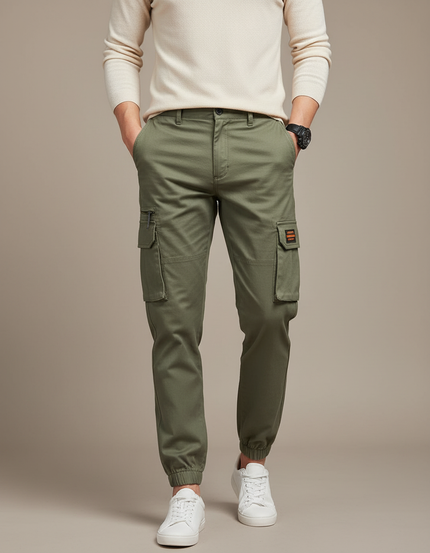 Pantalon Cargo Vert Militaire Coton Multipoches Jogger Homme - Kaki Toile