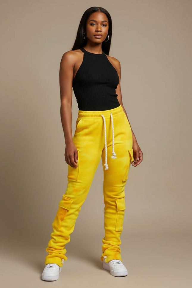 Pantalon Cargo Jaune Tie-Dye Molletonné Empilé Femme