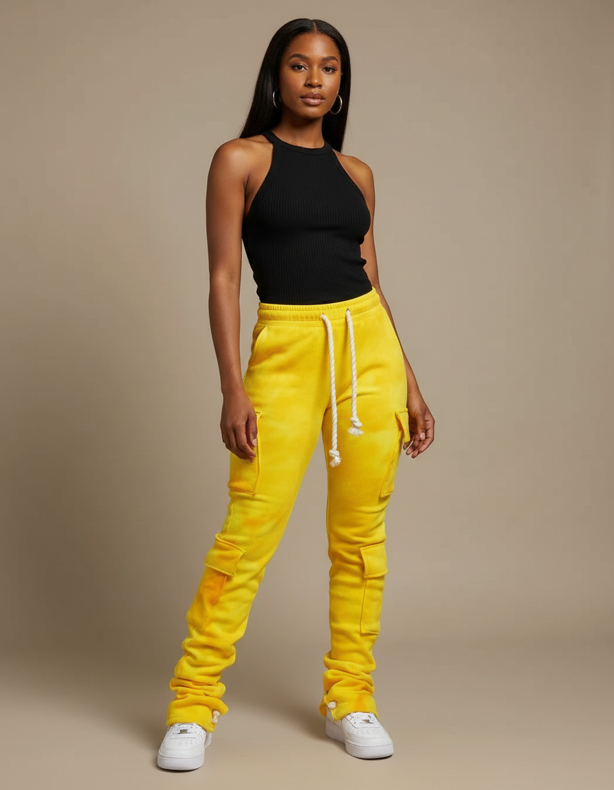Pantalon Cargo Jaune Tie-Dye Molletonné Empilé Femme