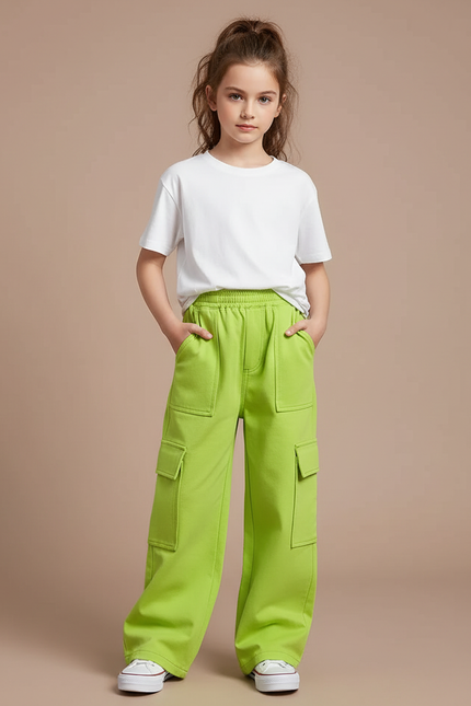 Pantalon Cargo Vert Fluorescent Ample Multipoches Fille - Molleton