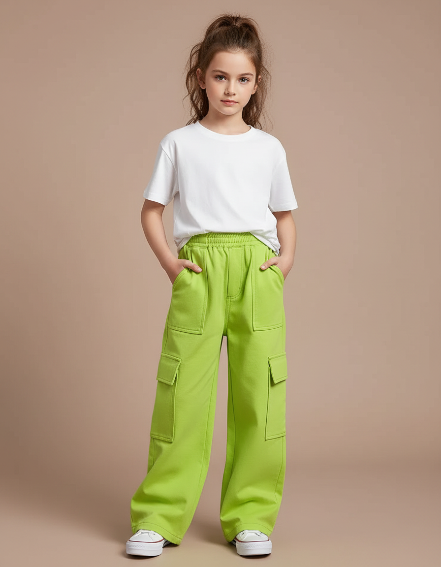 Pantalon Cargo Vert Fluorescent Ample Multipoches Fille - Molleton