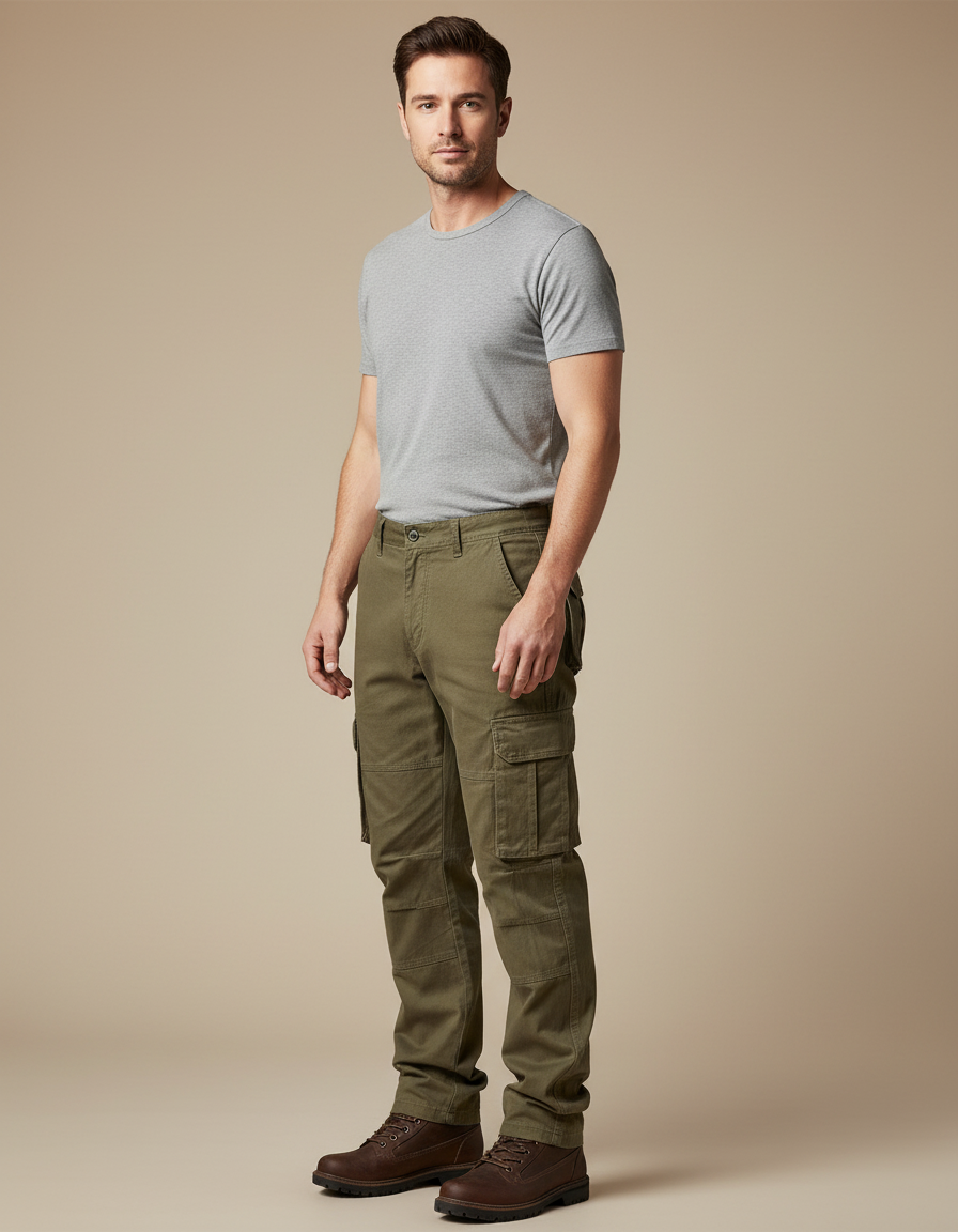 Pantalon Cargo Kaki Ample Coton Homme Travail - Toile