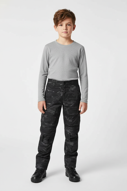 Pantalon Cargo Noir Camouflage Enfant Tactique Multi-Poches - Toile