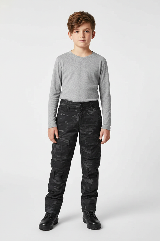Pantalon Cargo Noir Camouflage Enfant Tactique Multi-Poches - Toile