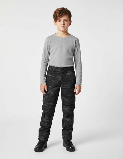 Pantalon Cargo Noir Camouflage Enfant Tactique Multi-Poches - Toile