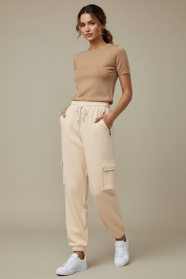 Pantalon Cargo Beige Ample Molletonné Poches Femme