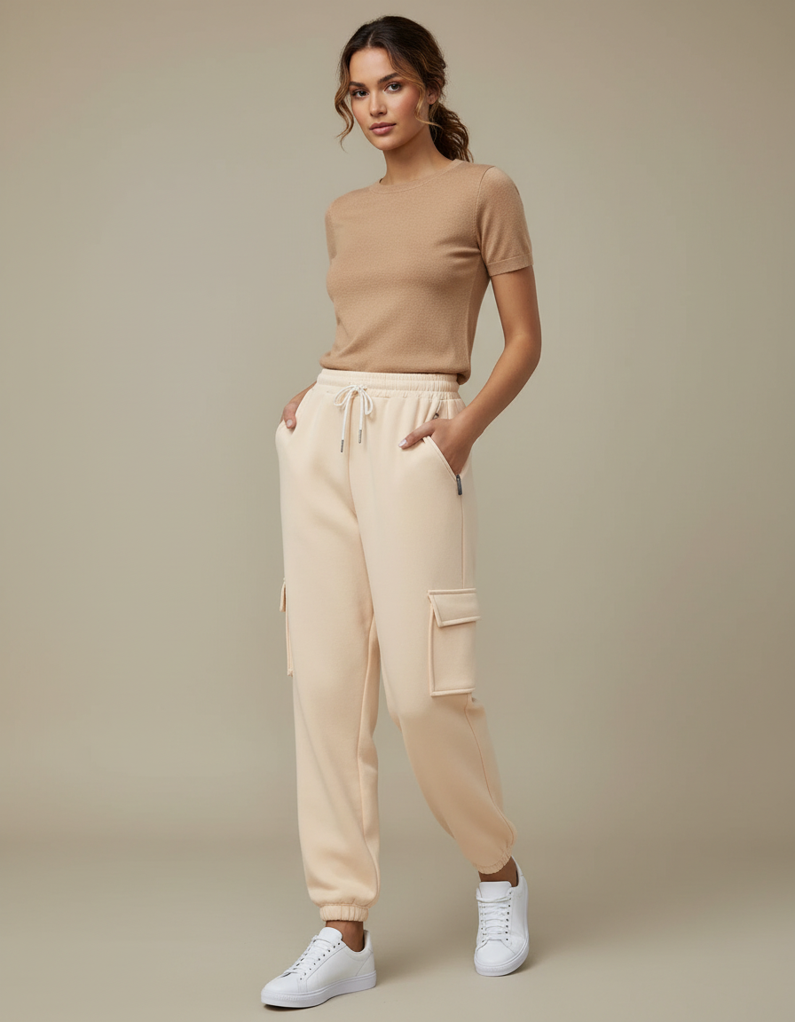 Pantalon Cargo Beige Ample Molletonné Poches Femme