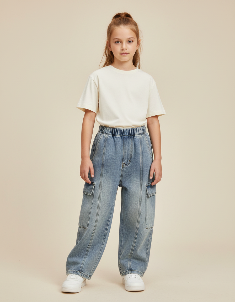 Pantalon Cargo Denim Ample Bleu Clair Enfant - Jean