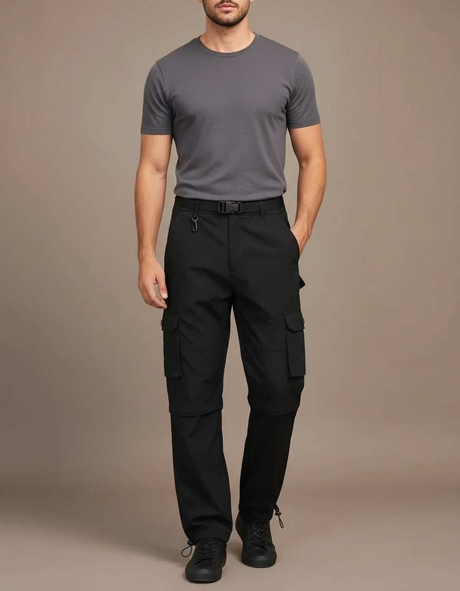 Pantalon Cargo Homme Léger Convertible Randonnée Noir - Polyester