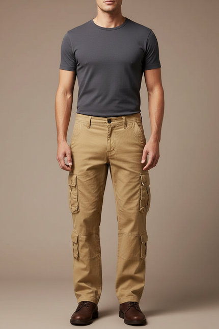 Pantalon Cargo Kaki Homme Ample Multipoches Décontracté - Toile