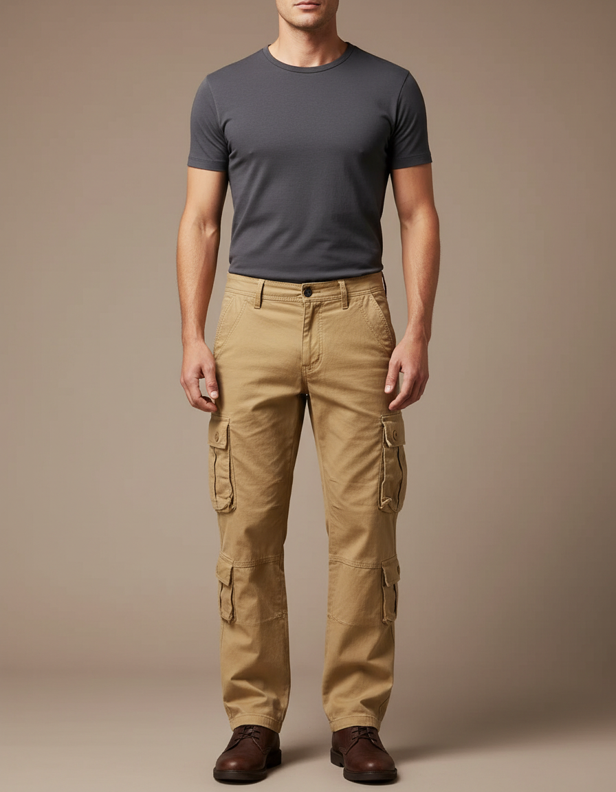 Pantalon Cargo Kaki Homme Ample Multipoches Décontracté - Toile