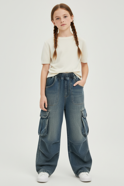 Pantalon Cargo Fille Denim Ample Taille Haute Bleu - Jean