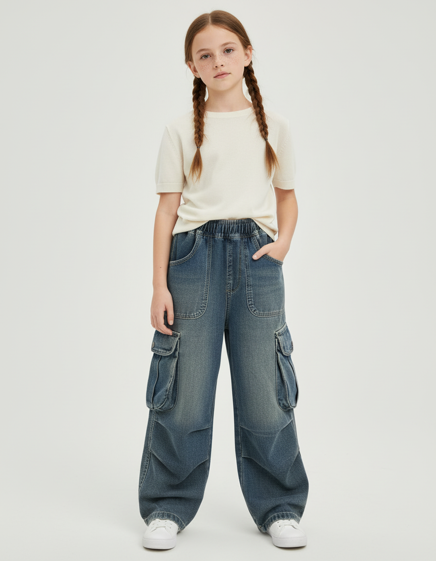 Pantalon Cargo Fille Denim Ample Taille Haute Bleu - Jean