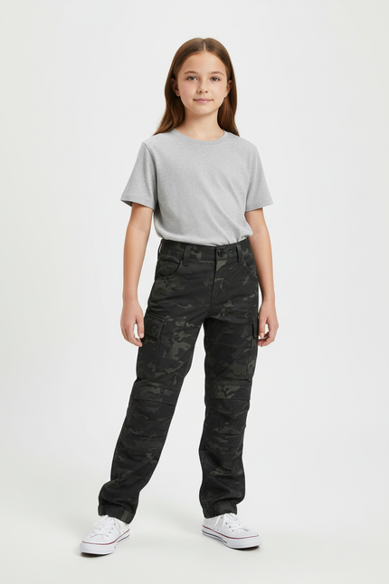 Pantalon Cargo Camouflage Militaire Noir Enfant Multi-Poches - Coton