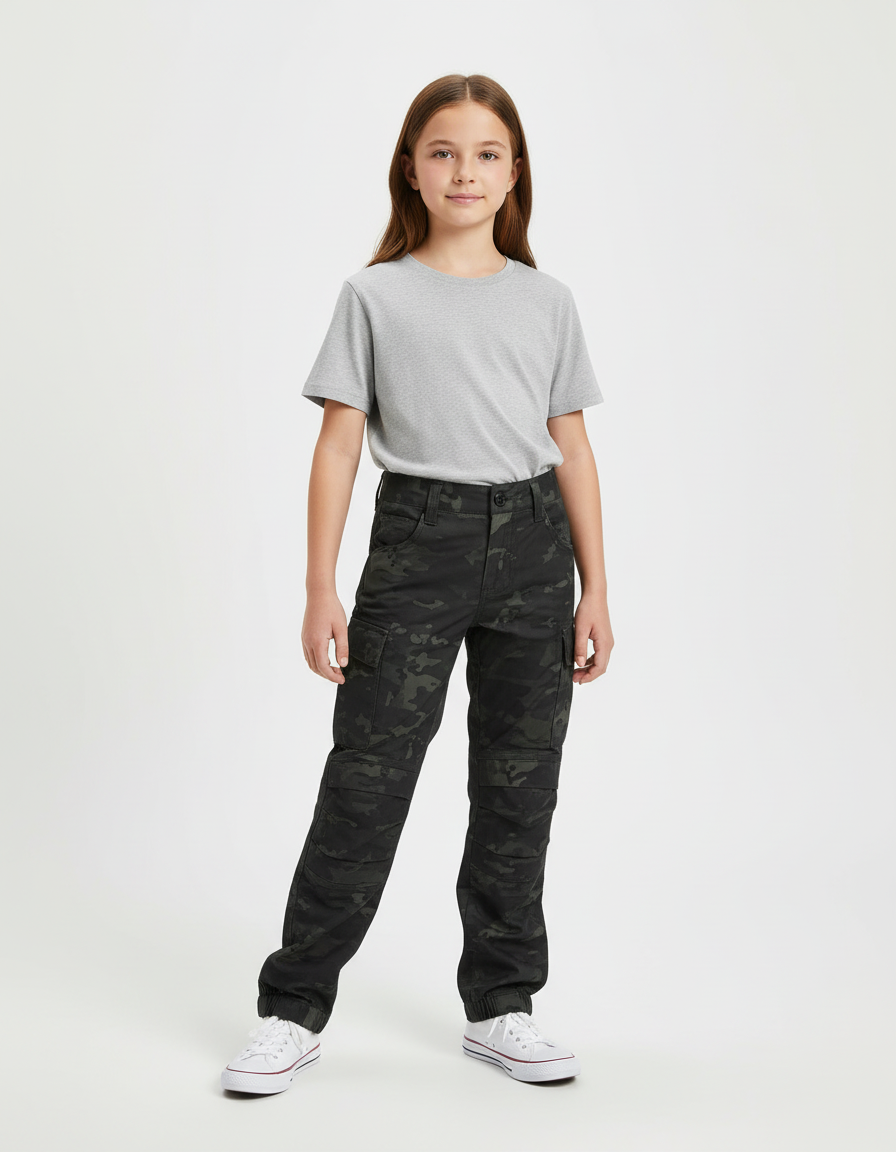 Pantalon Cargo Camouflage Militaire Noir Enfant Multi-Poches - Coton
