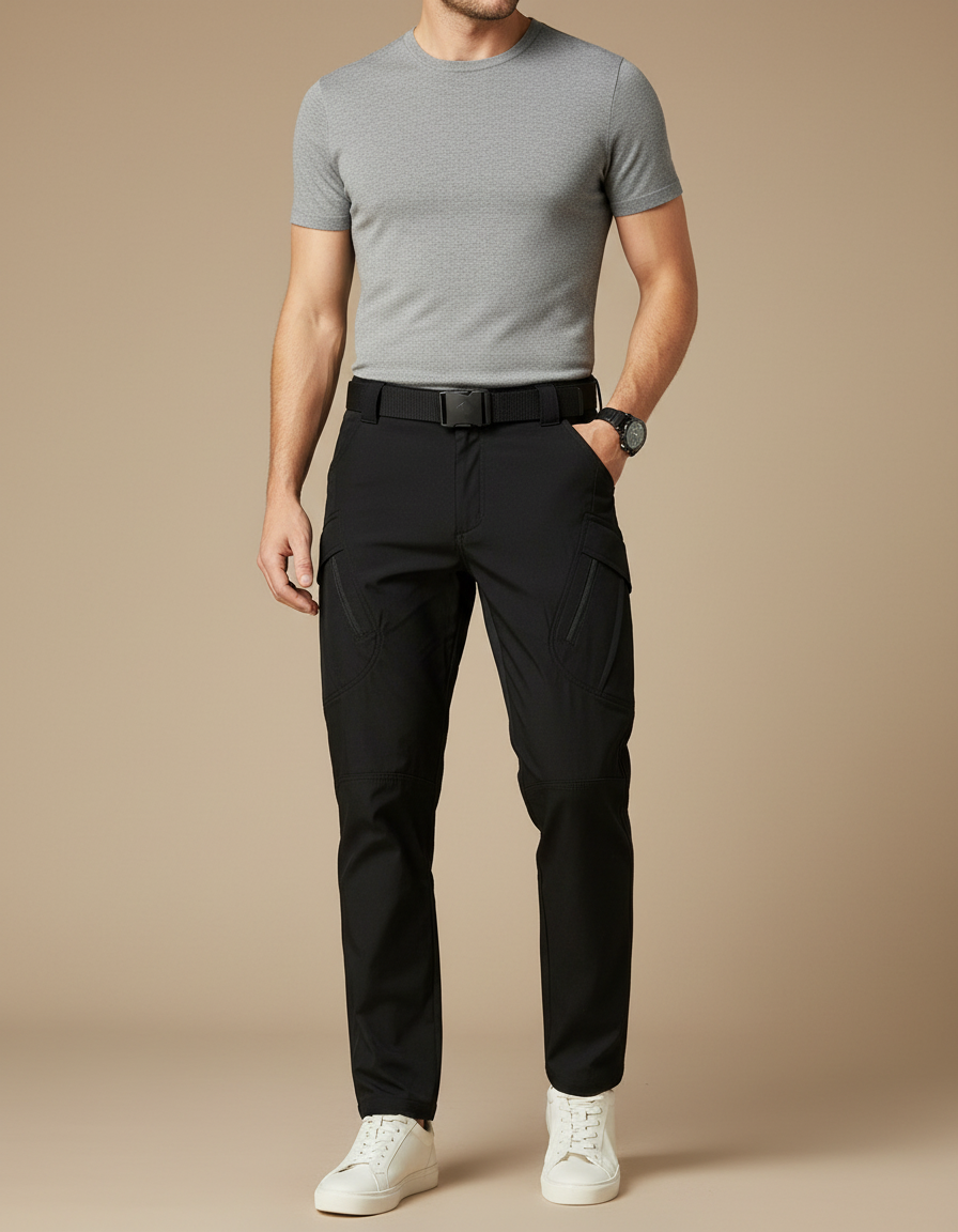 Pantalon Cargo Noir Tactique Multipoches Homme Décontracté - Polyester