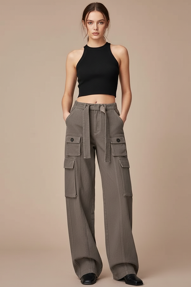 Pantalon Cargo Gris Ample Multipoches Streetwear Ceinturé - Kaki Toile