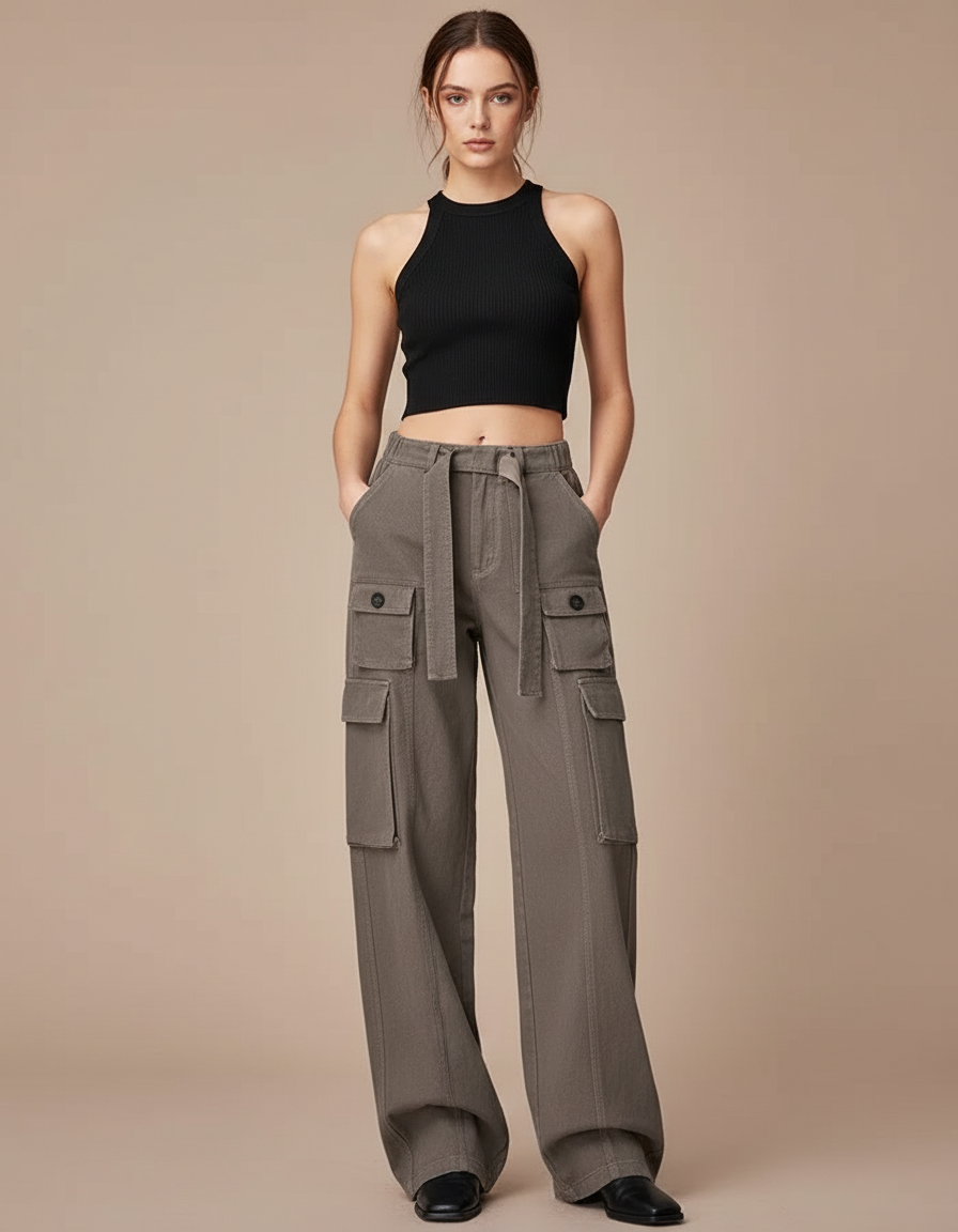 Pantalon Cargo Gris Ample Multipoches Streetwear Ceinturé - Kaki Toile