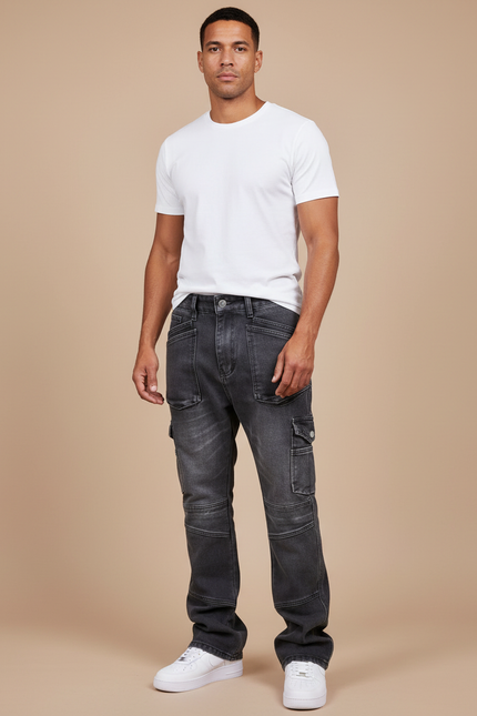 Pantalon Cargo Homme Gris Foncé Denim Ample Multi-Poches - Jean