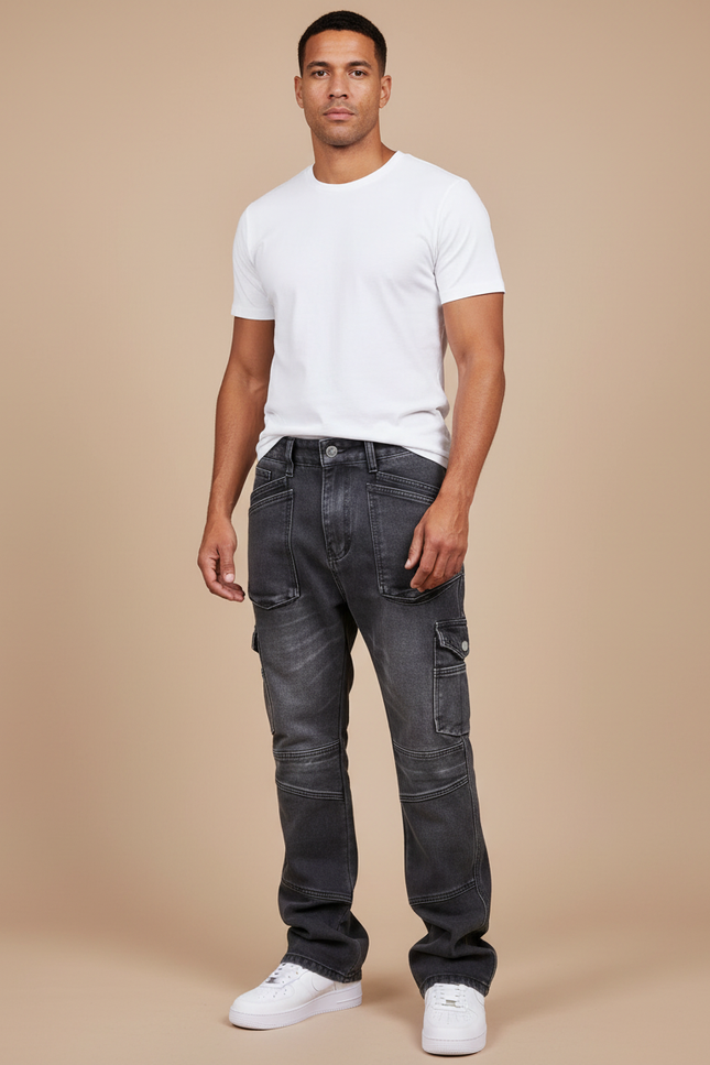 Pantalon Cargo Homme Gris Foncé Denim Ample Multi-Poches - Jean