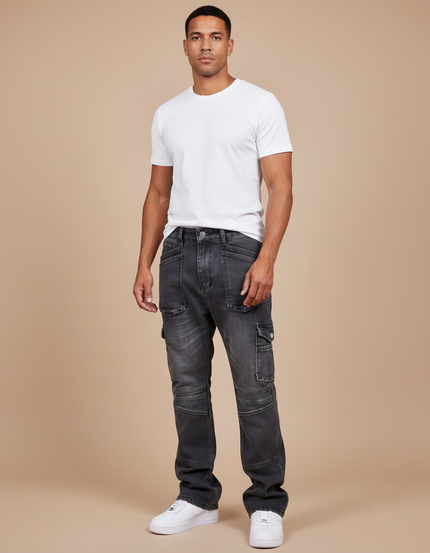 Pantalon Cargo Homme Gris Foncé Denim Ample Multi-Poches - Jean